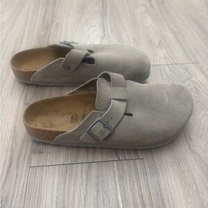 Birkenstock Boston Suede Clog in Stone Gray/Taupe, Soft Footbed, Size 42